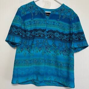 Sag Harbor Floral Button Down Blouse Size 14 Lined Short Sleeve